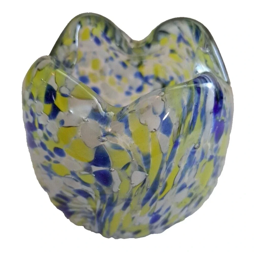 MCM Art Deco Glass Hand Blown Vase Cup Scallop Yellow Blue 3.5